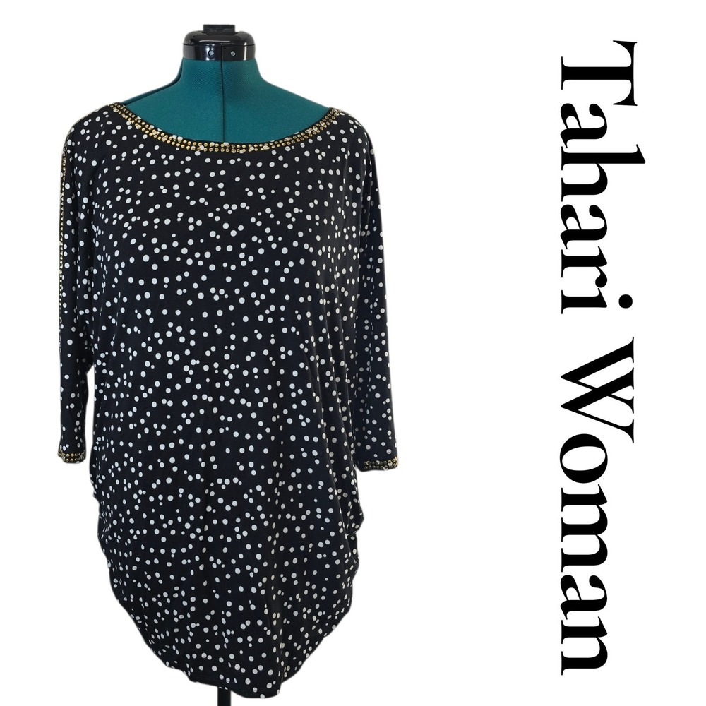 Tahari Woman Tunic Top Women 1X Black Rayon Polka Dot Studded Ruched Sleeve Chic